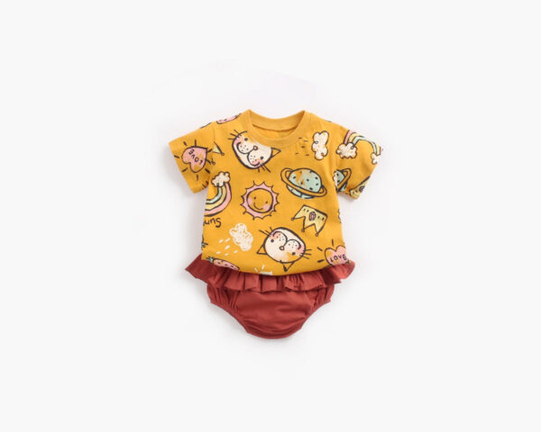Baby Girl Cartoon Print O-Neck T-Shirt Combo Ruffle Shorts Sets In Summer